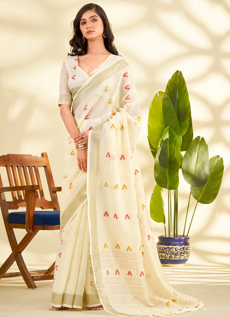 Linen Silk Off White Saree with Zari Work for Daily Wear 381650
