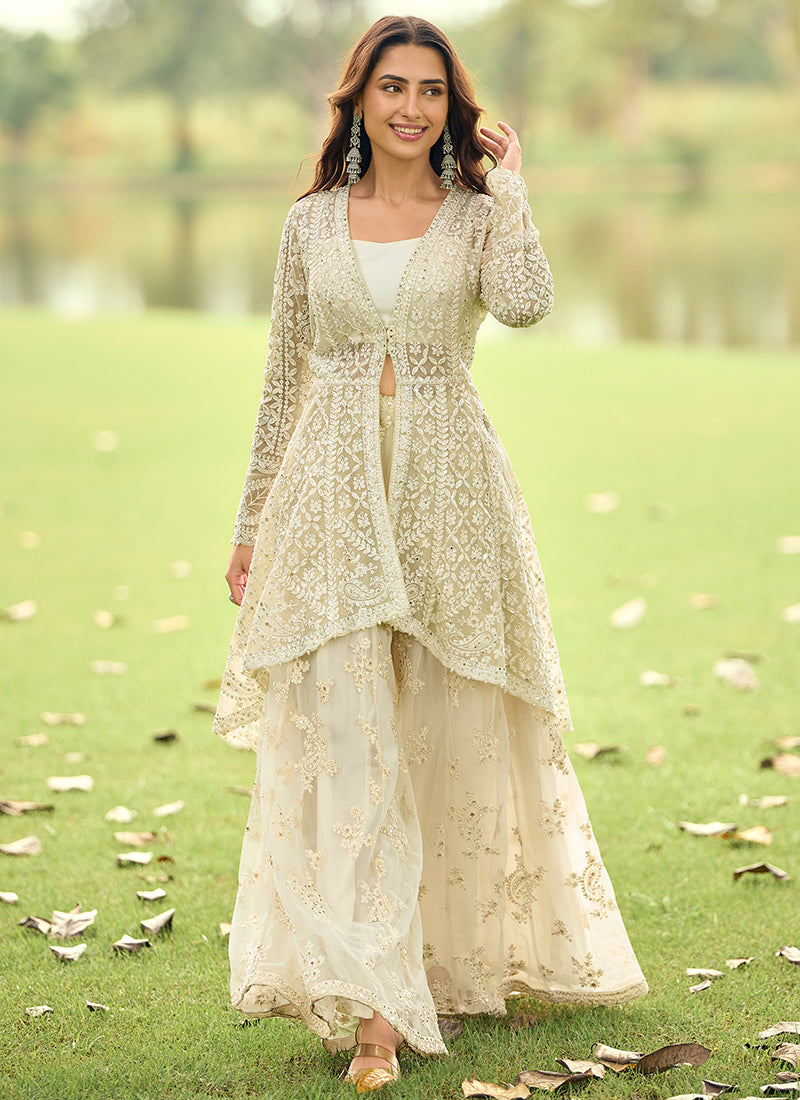 Off White Net Embroidery Work Eid Wear Readymade Plazzo Suit SW532350