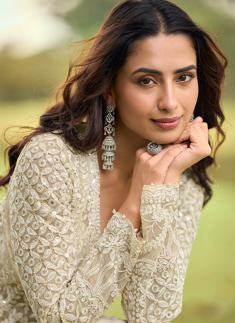 Off White Net Embroidery Work Eid Wear Readymade Plazzo Suit SW532350