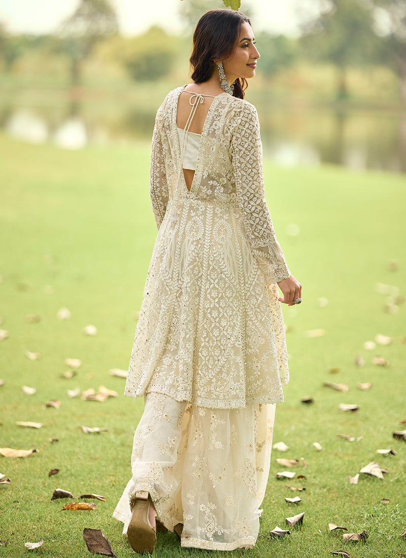 Off White Net Embroidery Work Eid Wear Readymade Plazzo Suit SW532350