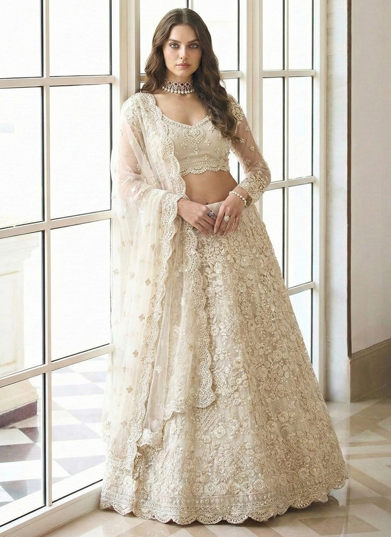 Off White Net Embroidery Work Occasional Wear Lehenga Choli SW201471