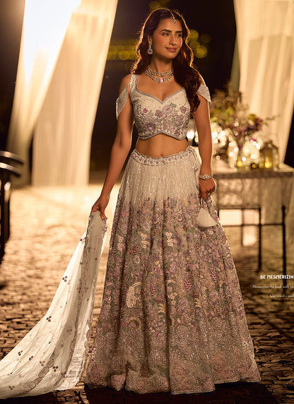 Pure Net Off White Bridal Wear Heavy Work Readymade Bridal Lehenga Choli 388119