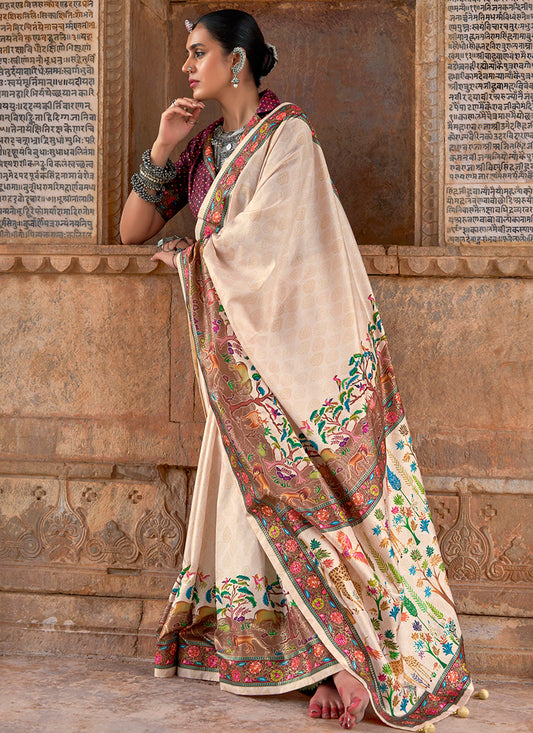 Pv Silk Off White Saree with Printed Work for Designer Wear 385128