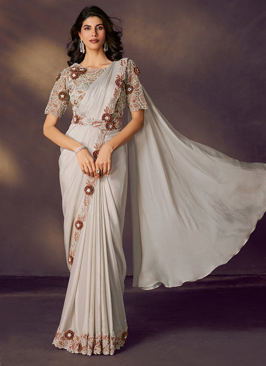 Satin Silk Off White Wedding Wear Beads Embellished Work Ready To Wear Saree 386137