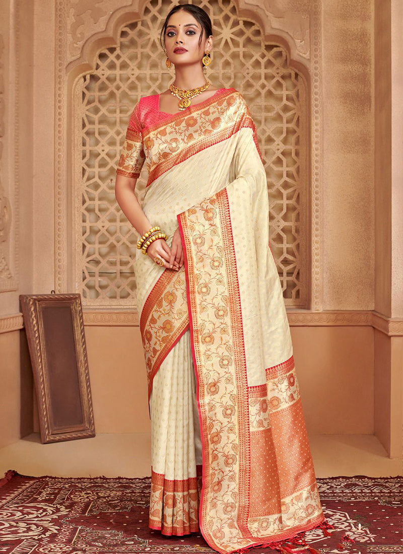 Silk Blend Off White Saree with Weaving Work for Festival Wear 384321