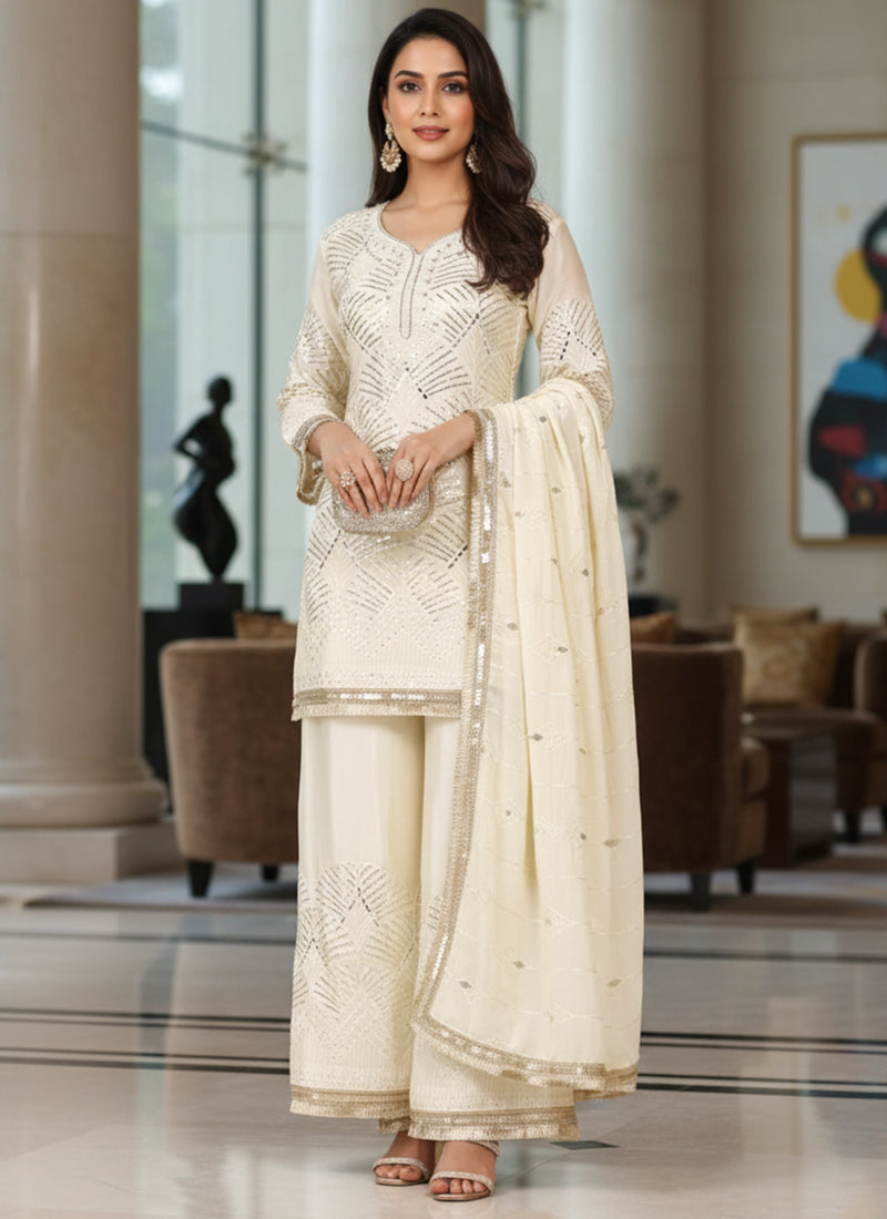 Off White Silk Mirror Work Occasional Wear Readymade Plazzo Suit SW679805