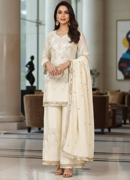 Off White Silk Mirror Work Occasional Wear Readymade Plazzo Suit SW679805