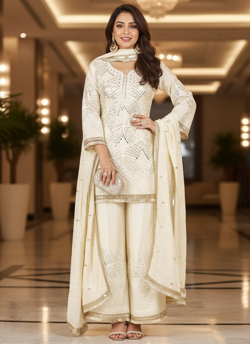 Off White Silk Mirror Work Occasional Wear Readymade Plazzo Suit SW679805