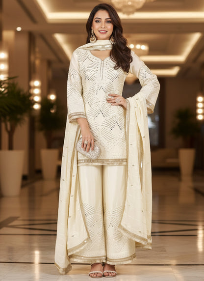 Off White Silk Mirror Work Occasional Wear Readymade Plazzo Suit SW679805