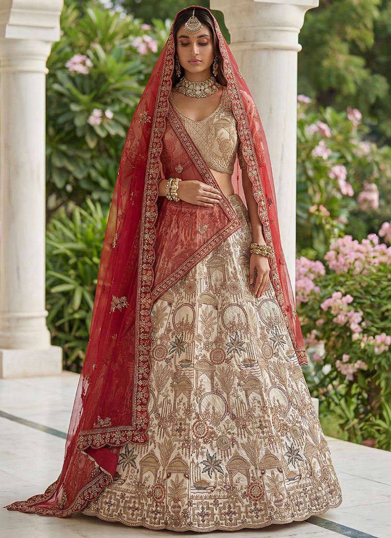 Off White Silk Embroidery Work Wedding Wear Lehenga Choli SW130188
