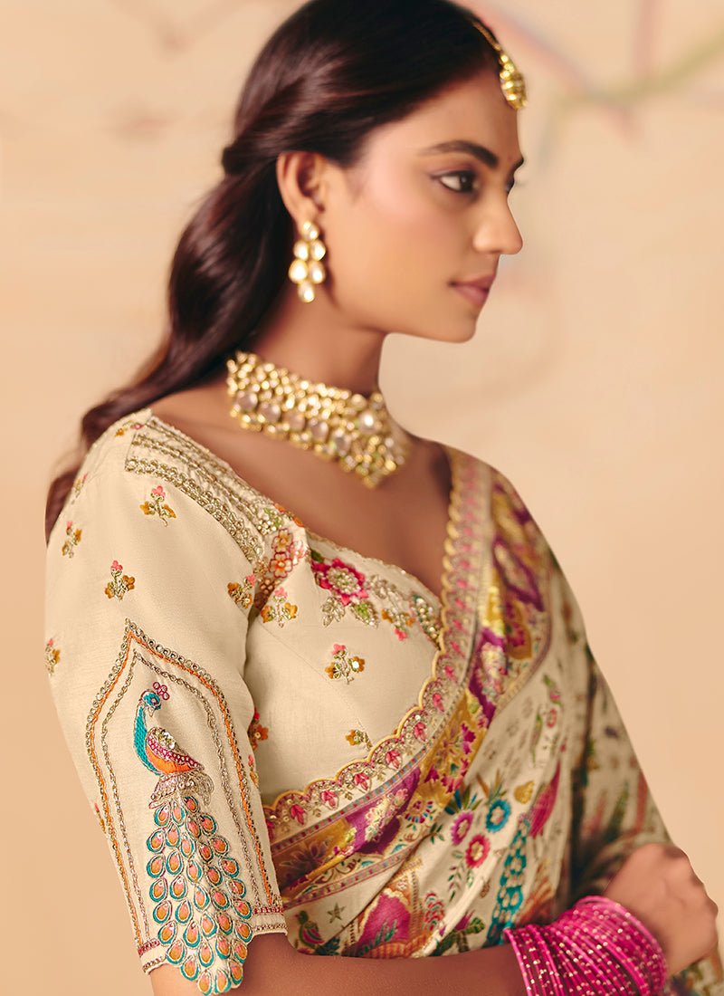 Off White Silk Sequins Work  Wedding Wear Saree SW426507