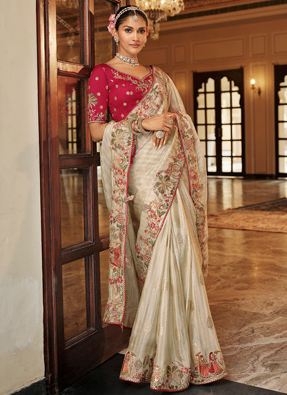 Off White Silk Zari Work Wedding Wear Saree SW565756