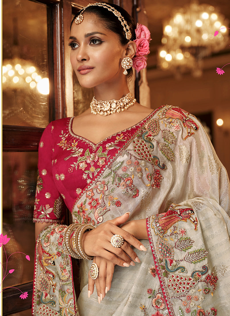 Off White Silk Zari Work Wedding Wear Saree SW565756