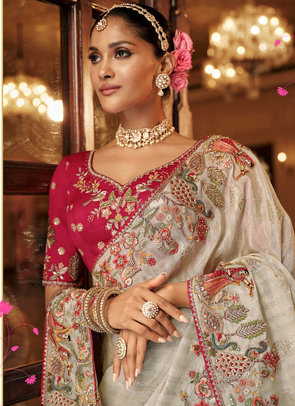 Off White Silk Zari Work Wedding Wear Saree SW565756