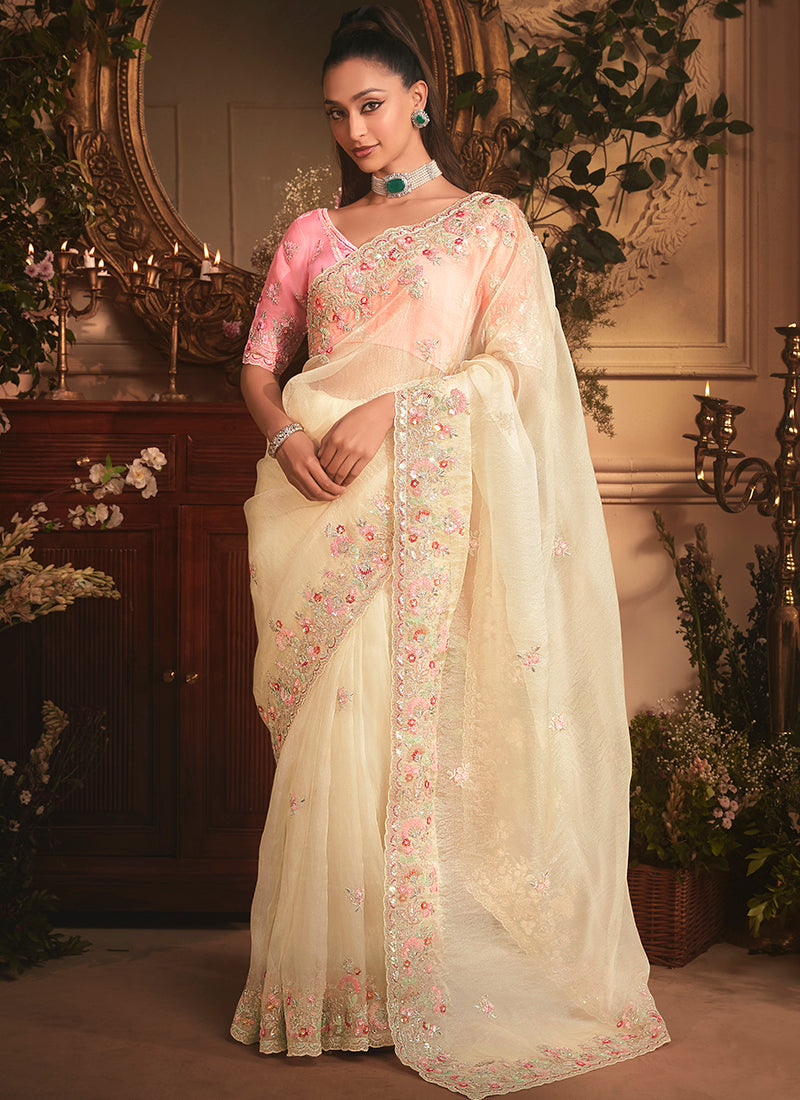 Tissue Organza Off White Saree with Sequin Work for Wedding Wear 383991