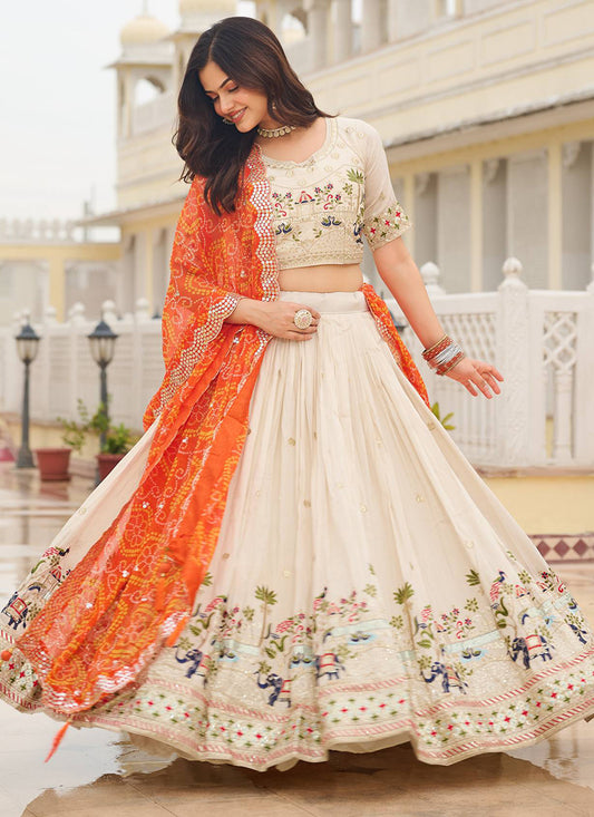 Tissue Silk Off White Festival Wear Embroidery Work Readymade Lehenga Choli 385537