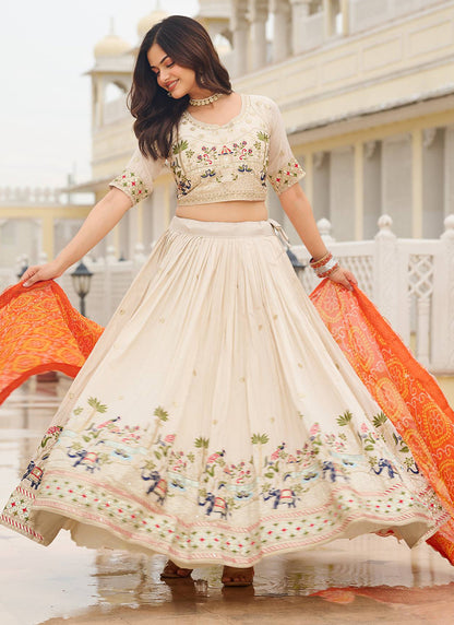 Tissue Silk Off White Festival Wear Embroidery Work Readymade Lehenga Choli 385537