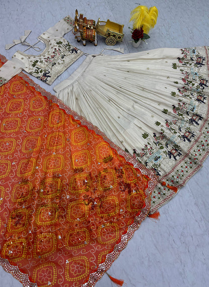 Tissue Silk Off White Festival Wear Embroidery Work Readymade Lehenga Choli 385537