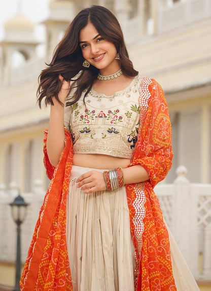 Tissue Silk Off White Festival Wear Embroidery Work Readymade Lehenga Choli 385537