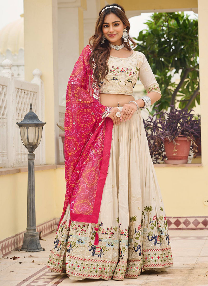 Tissue Silk Off White Festival Wear Embroidery Work Readymade Lehenga Choli 385538
