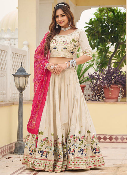 Tissue Silk Off White Festival Wear Embroidery Work Readymade Lehenga Choli 385538