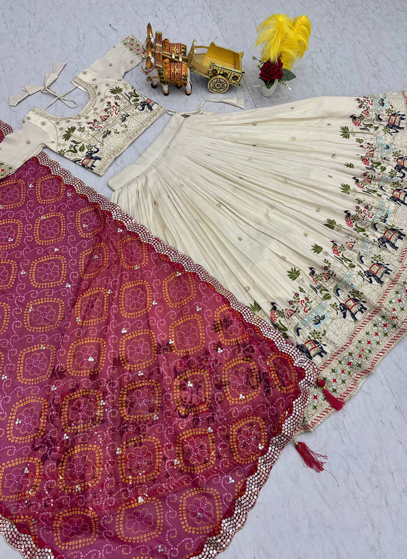 Tissue Silk Off White Festival Wear Embroidery Work Readymade Lehenga Choli 385538