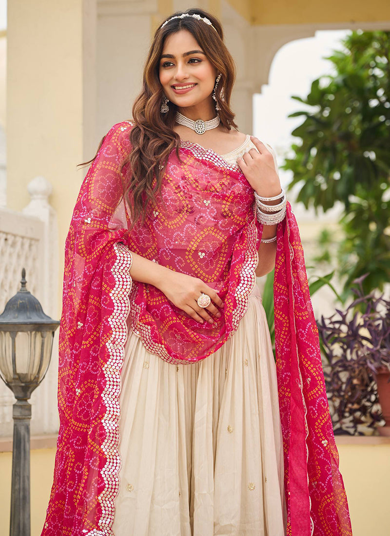 Tissue Silk Off White Festival Wear Embroidery Work Readymade Lehenga Choli 385538