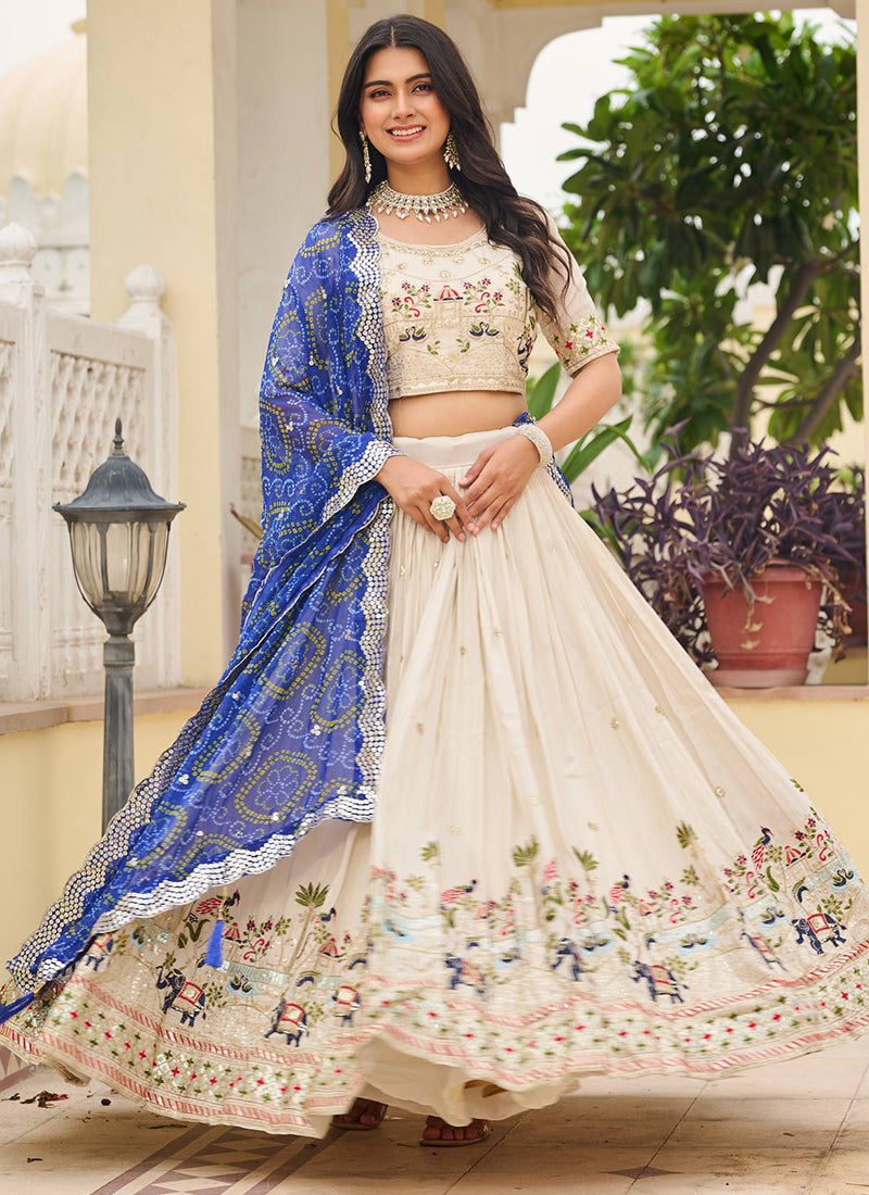 Tissue Silk Off White Festival Wear Embroidery Work Readymade Lehenga Choli 385539