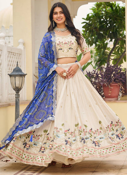 Tissue Silk Off White Festival Wear Embroidery Work Readymade Lehenga Choli 385539