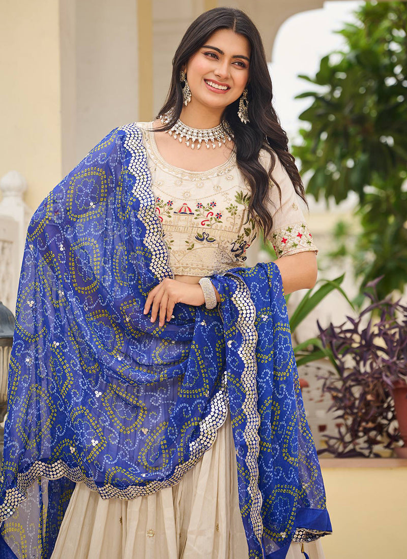 Tissue Silk Off White Festival Wear Embroidery Work Readymade Lehenga Choli 385539