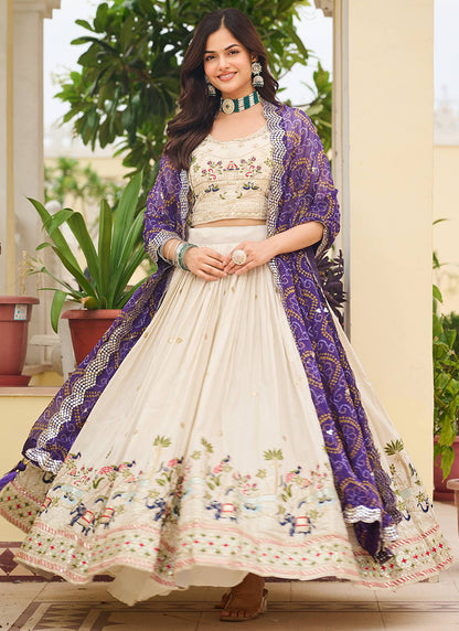 Tissue Silk Off White Festival Wear Embroidery Work Readymade Lehenga Choli 385540