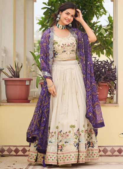 Tissue Silk Off White Festival Wear Embroidery Work Readymade Lehenga Choli 385540