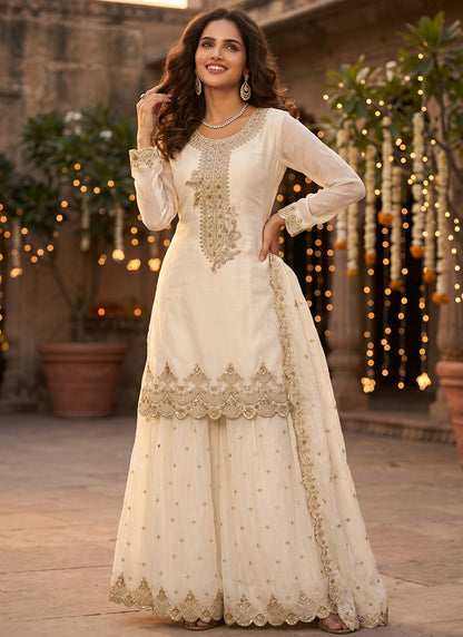 Off White Tora Silk Embroidery Work Occasional Wear Readymade Plazzo Suit SW662120
