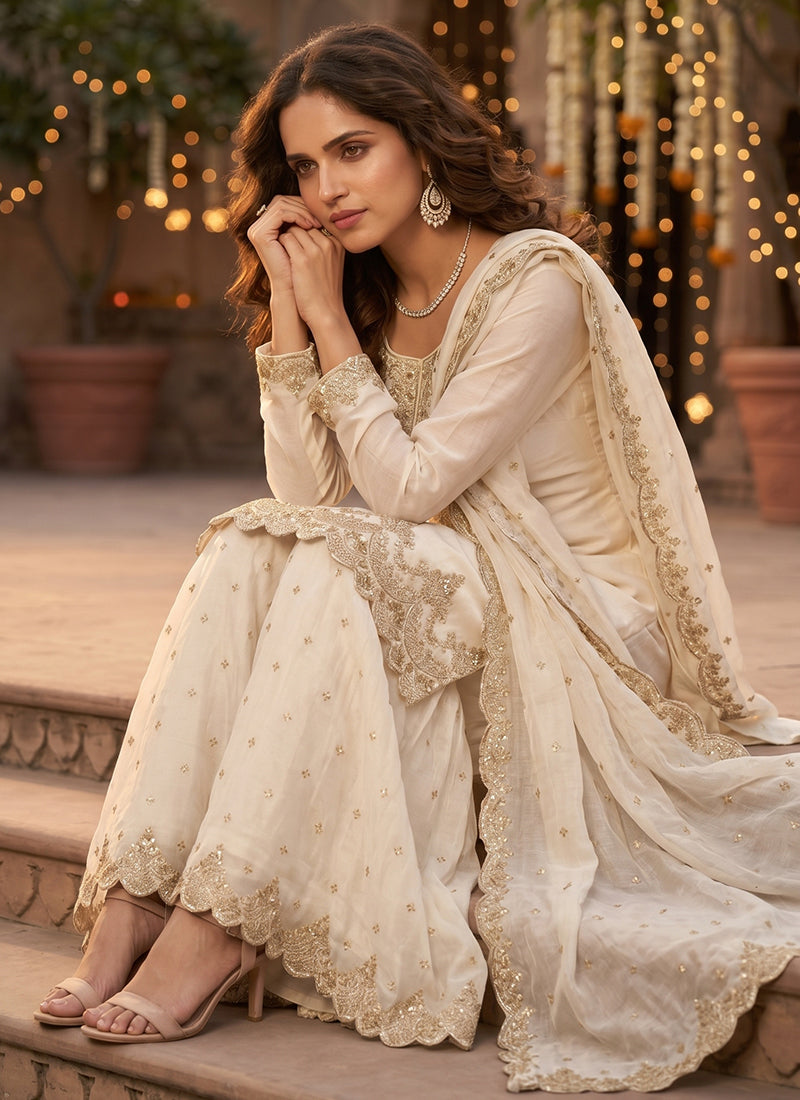 Off White Tora Silk Embroidery Work Occasional Wear Readymade Plazzo Suit SW662120