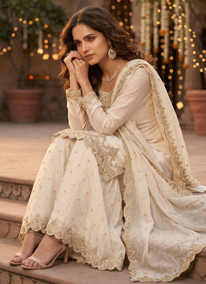 Off White Tora Silk Embroidery Work Occasional Wear Readymade Plazzo Suit SW662120