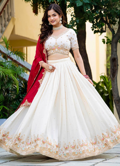 Vichitra Silk Off White Occasional Wear Embroidery Work Lehenga Choli 385678