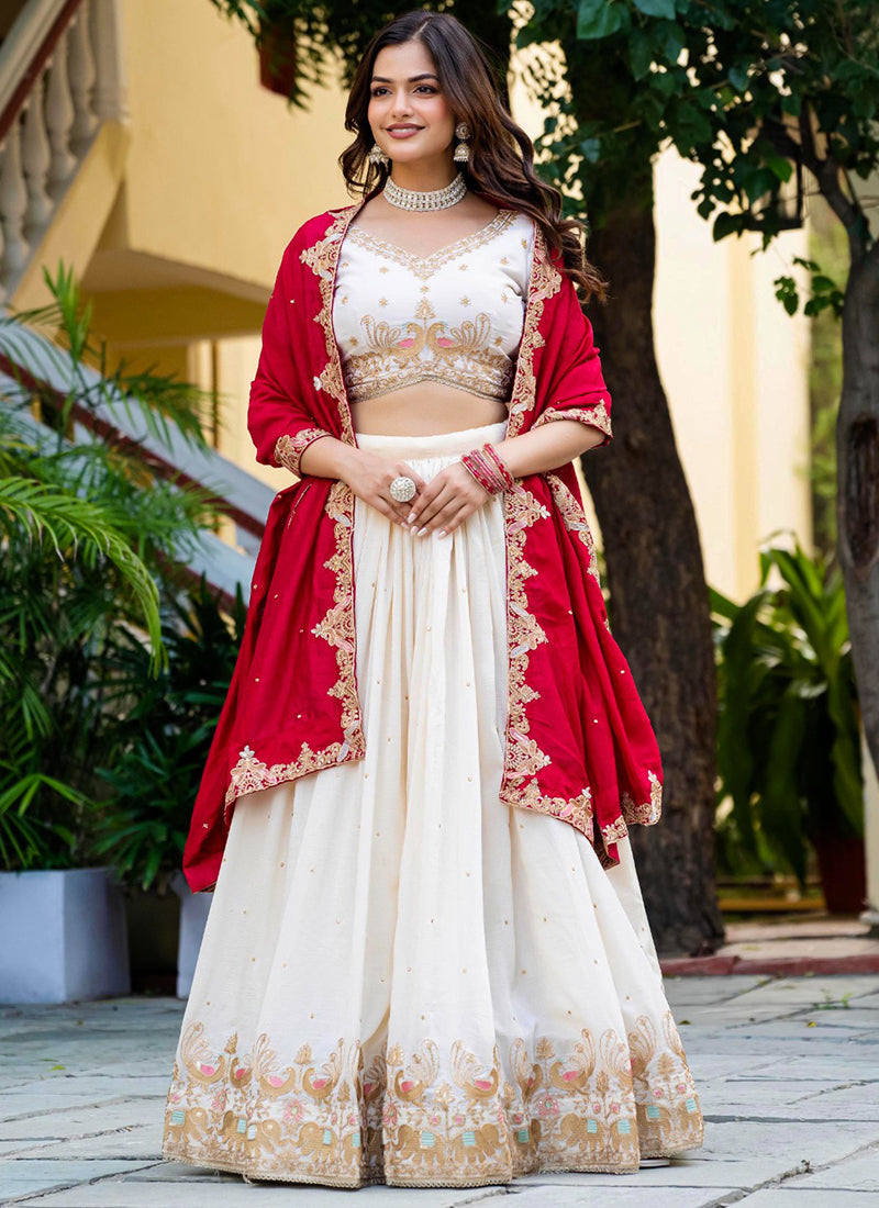 Vichitra Silk Off White Occasional Wear Embroidery Work Lehenga Choli 385678