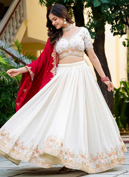 Vichitra Silk Off White Occasional Wear Embroidery Work Lehenga Choli 385678