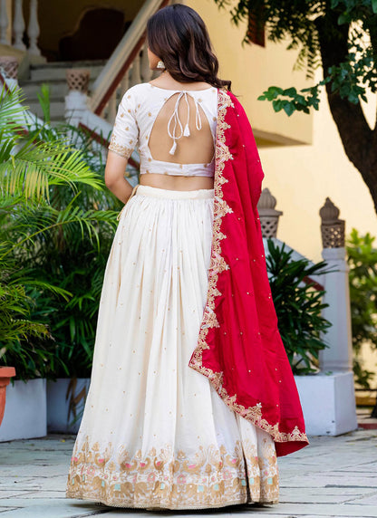 Vichitra Silk Off White Occasional Wear Embroidery Work Lehenga Choli 385678