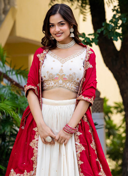 Vichitra Silk Off White Occasional Wear Embroidery Work Lehenga Choli 385678