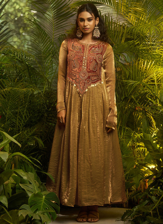 Organza Olive Gold Wedding Wear Embroidery Work Readymade Plazzo Suit 390820