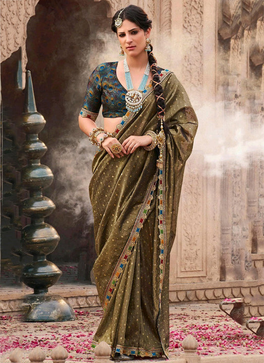 Pure Tissue Olive Gold Party Wear Lace Border Work Saree 387558