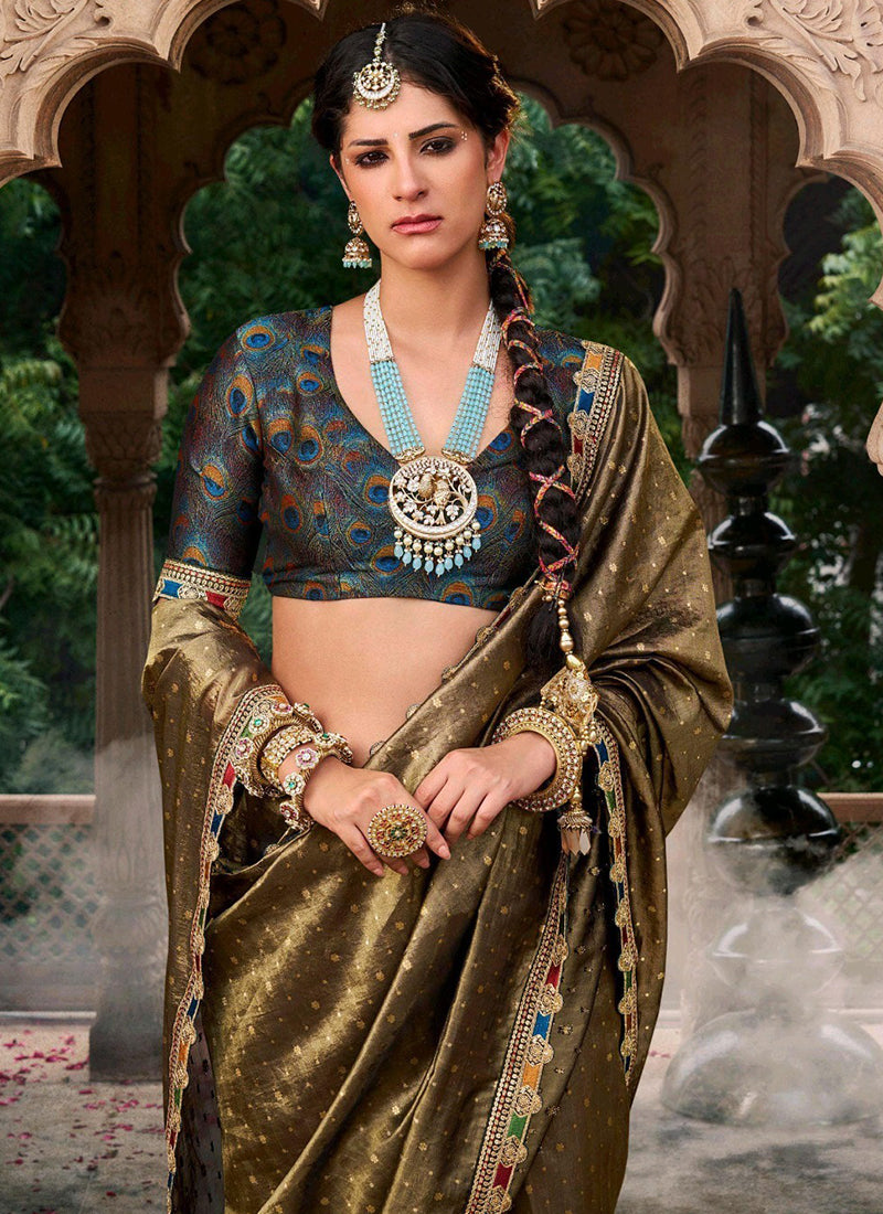 Pure Tissue Olive Gold Party Wear Lace Border Work Saree 387558