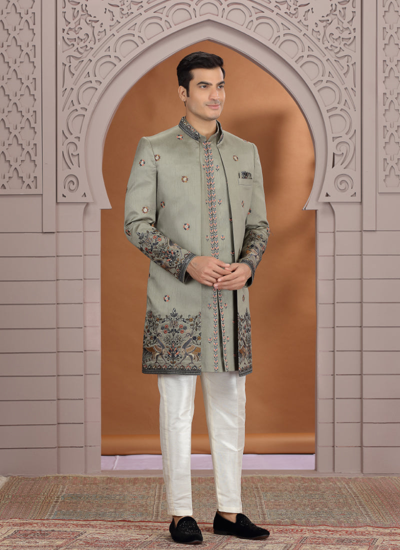 Art Silk Olive Green Wedding Wear Embroidery Work Readymade Indo Western Sherwani 386013