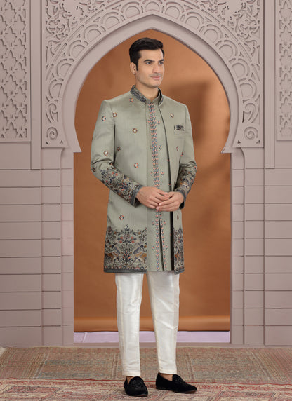Art Silk Olive Green Wedding Wear Embroidery Work Readymade Indo Western Sherwani 386013