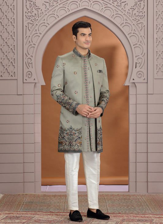 Art Silk Olive Green Wedding Wear Embroidery Work Readymade Indo Western Sherwani 386013