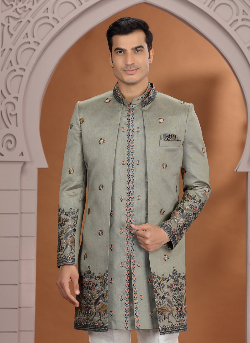 Art Silk Olive Green Wedding Wear Embroidery Work Readymade Indo Western Sherwani 386013