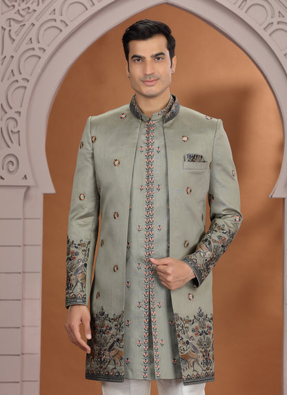 Art Silk Olive Green Wedding Wear Embroidery Work Readymade Indo Western Sherwani 386013