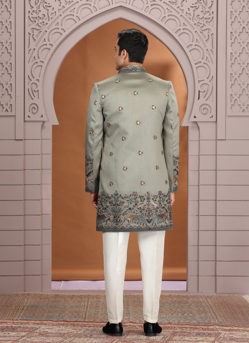 Art Silk Olive Green Wedding Wear Embroidery Work Readymade Indo Western Sherwani 386013