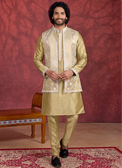 Art Silk Olive Green Wedding Wear Embroidery Work Readymade IndoWestern Sherwani 387388